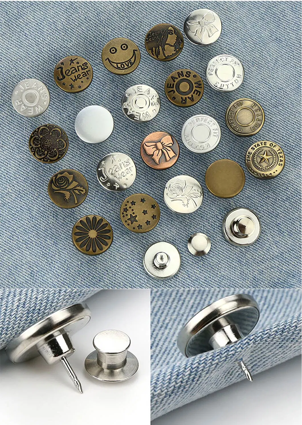 Custom Logo Embossed Snap Button Zink Alloy Metal Gold Silver Denim Shank Jeans Buttons and Rivets for Jeans Clothes